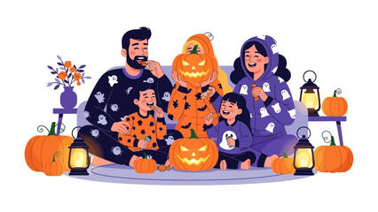 Halloween Family Portrait: A joyful family adorned in themed pajamas poses amidst a tableau of jack-o'-lanterns and festive lanterns, evoking the magic and thrill of the Halloween spirit. 