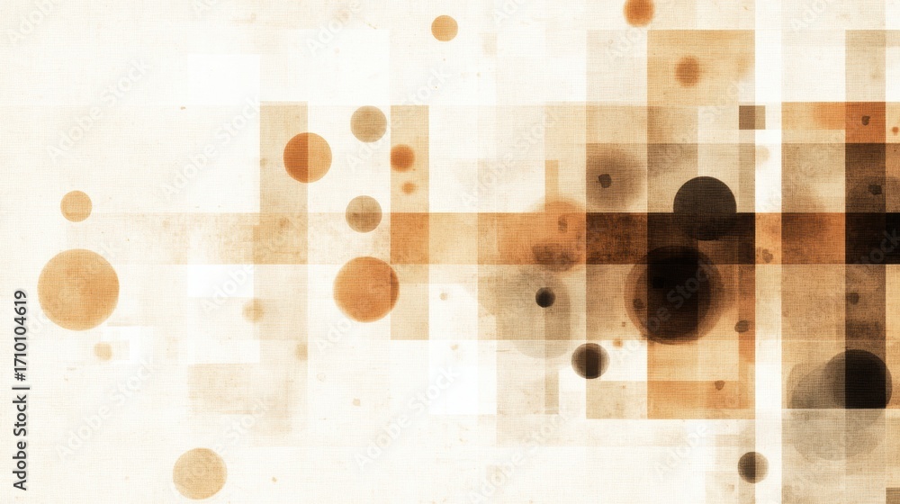 Poster abstract composition featuring geometric shapes and circles in warm tones against a textured backgro