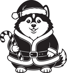 Cute Husky Puppy in Santa Claus Outfit Holding Candy Cane – Black & White Christmas Vector