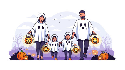 Halloween Family Fun: A charming family dressed as ghosts enjoys a festive Halloween night. Children, parents, and pumpkin lanterns create a warm, inviting scene. 
