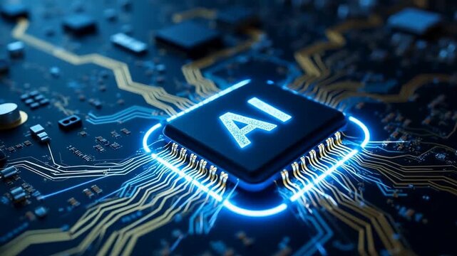 The image shows a computer processor with the word "AI" in the center.