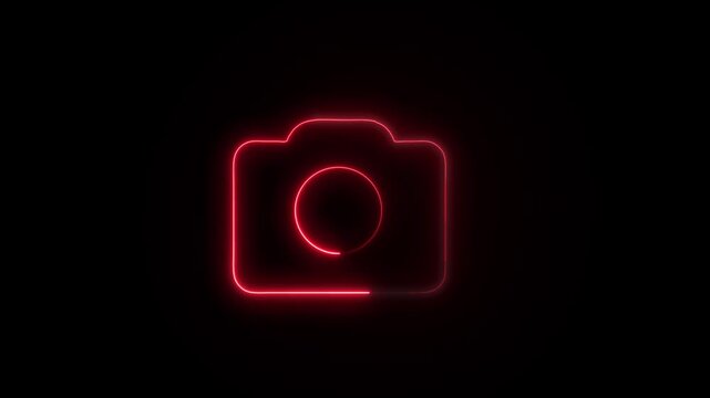 Digital Camera icon neon loop animation. Glowing camera symbol.  Social media video camera icon. HD photo camera sign, recording.