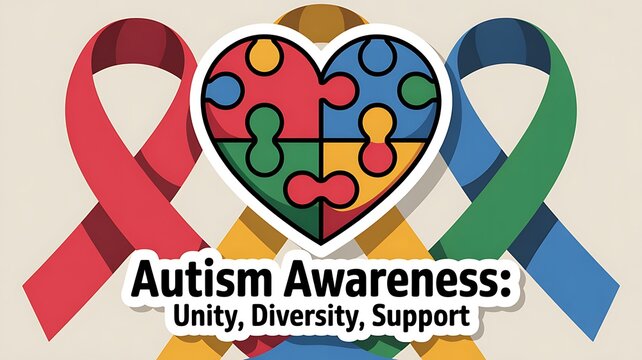 Autism awareness puzzle heart symbol with colorful support ribbons highlighting unity diversity and inclusion in society