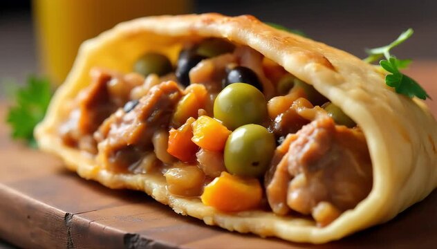 Close up of hallacas texture showing masa dough and savory filling with olives and raisins 