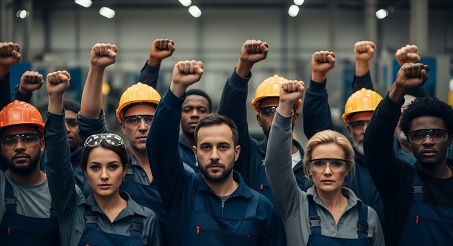 A diverse group of workers, united in solidarity, displays determination and collective action in a factory setting.