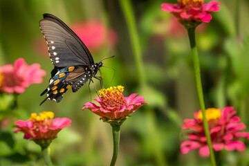 A pipevine butterfly feeding on zinnias
