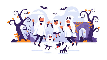 Spooky Spectacle: A playful illustration captures the thrill of Halloween, with costumed figures and a friendly dog. Bats flutter amidst stylized trees and festive decorations.
