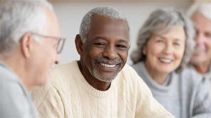 Happy group of senior people smiling together indoors, symbolizing friendship, wellbeing, diversity and positive lifestyle in community environment.