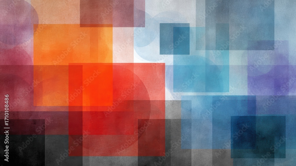 Poster abstract composition featuring colorful geometric shapes overlapping in a textured background