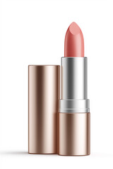 Obraz premium Lipstick in golden case isolated on bright background, symbolizing beauty, makeup, cosmetic product, glamour and branding with clear mockup and copy space for design.
