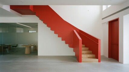 Obraz premium Modern interior space featuring a striking red staircase with wooden steps and minimalist design elements