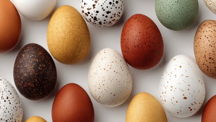 Assorted speckled eggs in varying colors arranged on a white surface © Fadly