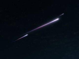 Meteor trails in the night sky. Fireballs isolated. Meteorites illuminated the starry sky. Celestial bodies in the atmosphere.