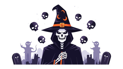 Mysterious Halloween Spellcaster: A spectral figure draped in a hooded robe stands surrounded by floating skulls and silhouetted spirits. It's an eerie.