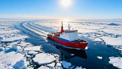 Aerial view of an icebreaker cutting through a frozen sea under a bright blue sky.