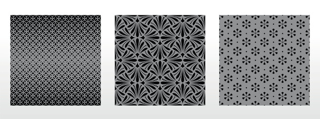 Geometric floral set of seamless patterns. Gray and black vector backgrounds. Damask graphic ornaments