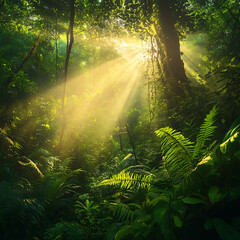 Obraz premium Forest landscape with sunlight beams through tall trees high resolution picture