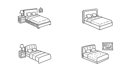 Line art illustration depicting various bed and bedroom furniture arrangements