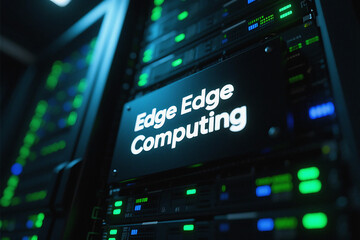 Fototapeta premium Close-up of glowing 'edge computing' sign on server rack with blurred digital lights in data center