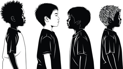 Black and white profile illustrations of diverse young boys, side view, different ethnicities, casual clothing, children standing, kids portraits, diverse childhood