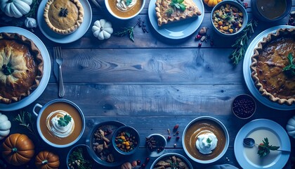 Thanksgiving Dinner Table with Pies, Soups, and Autumn Decorations. AI Generative Illustration