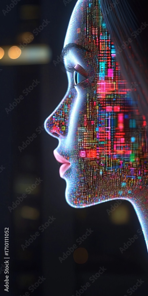 Poster futuristic ai portrait in profile view with colorful mosaic face transformation and tech elements.