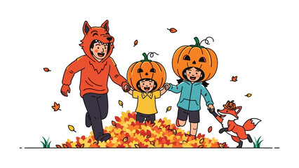 Autumnal Frolic: Charming illustration of family dressed up, reveling in the joy of autumn against a backdrop of fallen leaves.