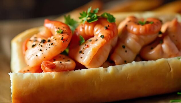 Close up of lobster roll showing juicy lobster chunks with herbs and spices 