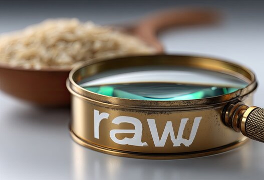Magnifying glass focuses on the word "raw" over uncooked rice