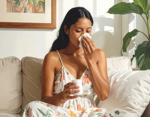 Young woman battling cold with a tissue and a warm beverage at home
