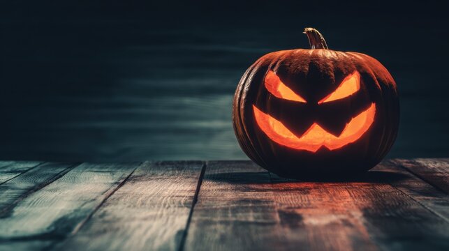 ominous. Carved Halloween pumpkin emitting an eerie orange glow, placed on weathered wooden planks for a spooky effect. event programs.