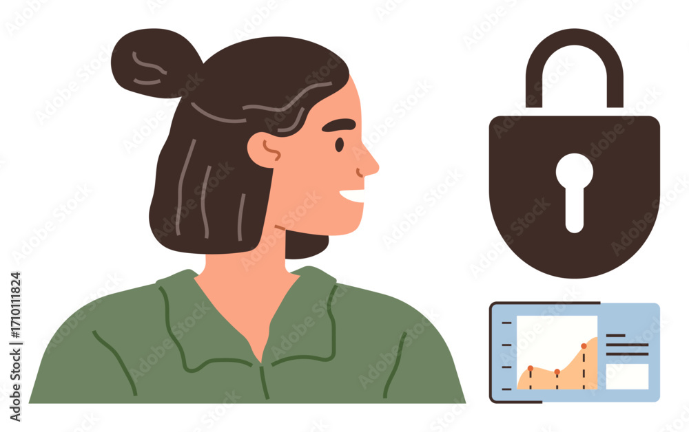 Poster woman looking at a lock symbol and a digital chart representing security and data analytics. ideal f
