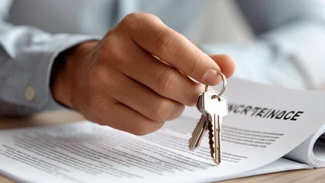 Hand holding key house key real estate rental agreement contract closeup home metal security document landlord tenant lease hand