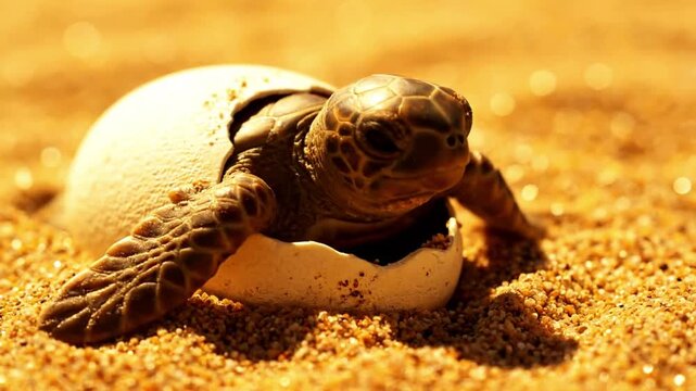 Close-up of a tiny baby sea turtle hatchling emerging from its egg on warm golden sand a beautiful moment of new life and fragile beginnings