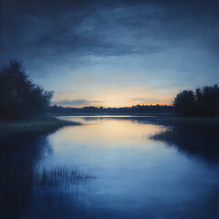 Fototapeta premium Lake at dusk surrounded by trees and glowing horizon high resolution picture