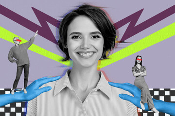 Sketch image zine art pop trend collage of happy girl stand dancehall hands hold angel vs devil imitation weekend chill event