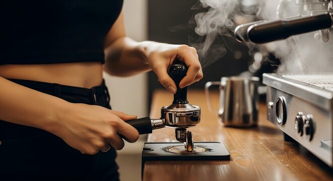 Professional barista tamping ground coffee with a tamper and portafilter at a cafe - Powered by Adobe