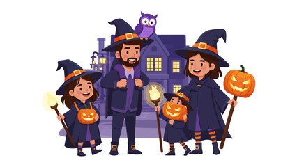 A Family's Halloween Adventure: A family dressed in enchanting Halloween costumes ready for trick-or-treating in front of a spooky house. A celebration of spooky Halloween spirit.