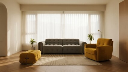 Modern living room with gray sofa, yellow armchair, and large windows covered by sheer curtains