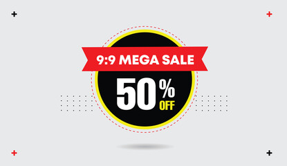 Obraz premium 9 to 9 mega sale editable web banner icon template design yellow black red shapes white gray abstract background fifty percent off modern editable template banner design sale discount promotion web gr