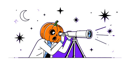 Stargazing Pumpkin: Whimsical illustration of a pumpkin-headed character in a lab coat, engrossed in stargazing through a telescope. Surrounded by stars and a crescent moon.