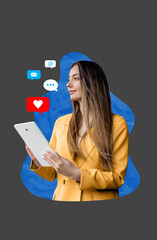 composite collage of a businesswoman holding a tablet with social media icons on a dark grey background
