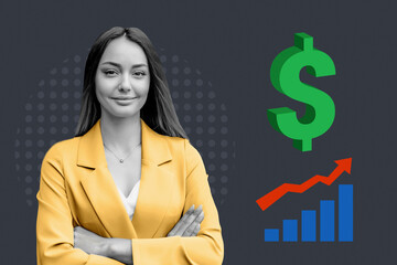 Collage portrait of a young business woman with a graph sign and statistics.