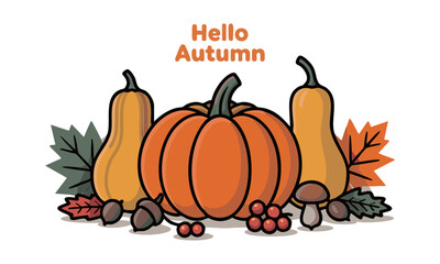 Hello Autumn Pumpkin and Leaves Flat Vector Illustration, Autumn Leaves and Pumpkins Flat Vector Set, easily editable and scalable.