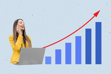 A composite collage of a woman with a laptop and a mobile phone with a statistic chart and an arrow on a blue background