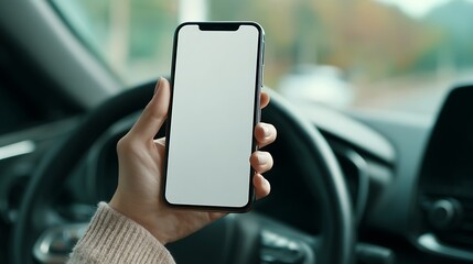 High quality image of woman holding a smartphone with a blank screen in the car interior.