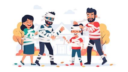Halloween Family Fun: A family dressed as mummies gleefully enjoys a playful outdoor game. The fun atmosphere encapsulates the spooky yet cheerful spirit of Halloween.