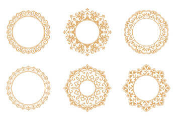 Set of decorative frames Elegant vector element for design in Eastern style, place for text. Floral golden and white borders. Lace illustration for invitations and greeting cards