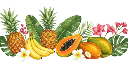 Vibrant watercolor tropical border with fruits, exotic leaves, and blossoms on a transparent background with copy space, concept of tropical freshness