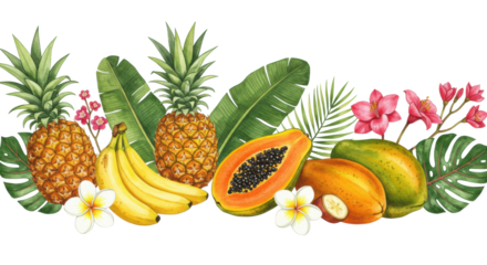 Vibrant watercolor tropical border with fruits, exotic leaves, and blossoms on a transparent background with copy space, concept of tropical freshness